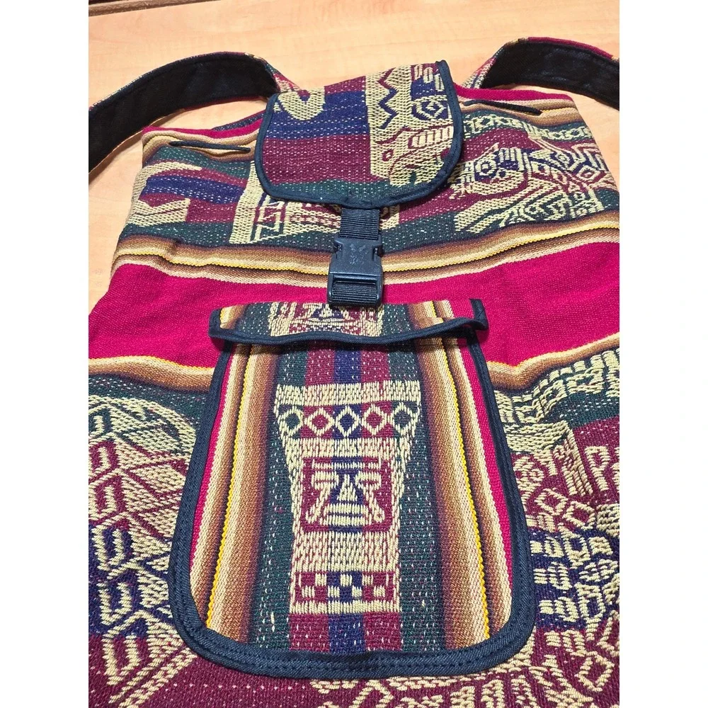 Vintage Andean Woven Tapestry Backpack Burgundy Geometric Tribal Boho Daypack